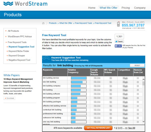 Wordstream Free Keyword Tool screenshot