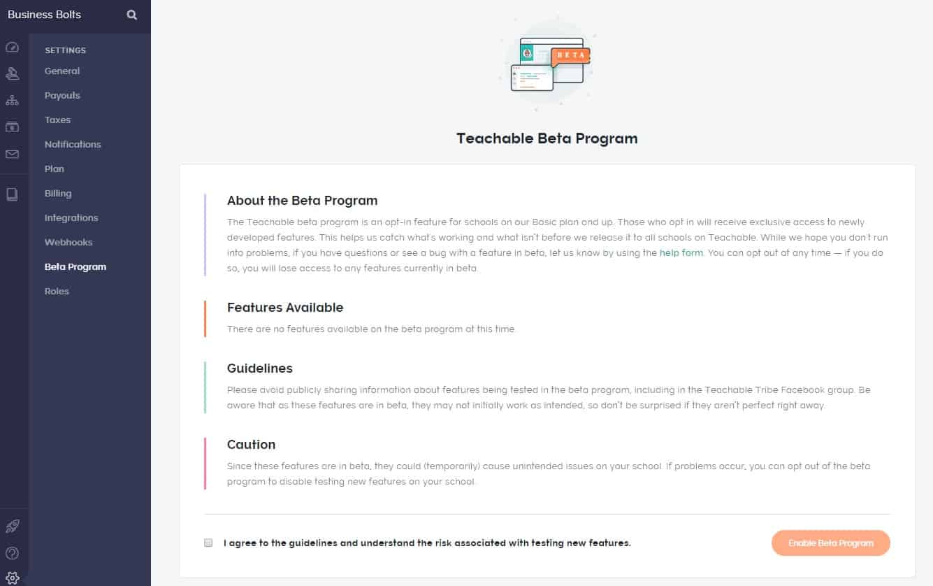 Teachable beta program screenshot