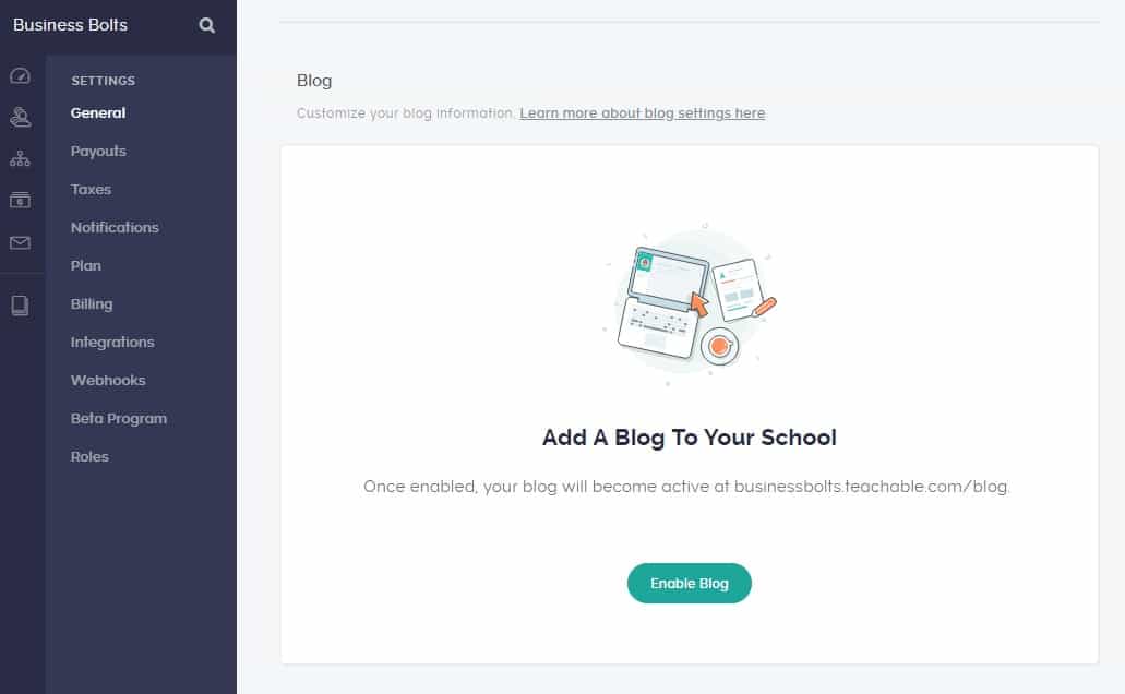 Teachable add blog to school settings