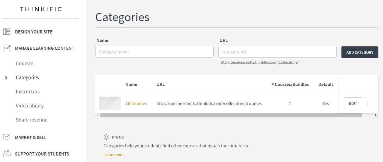 Thinkific categories screenshot