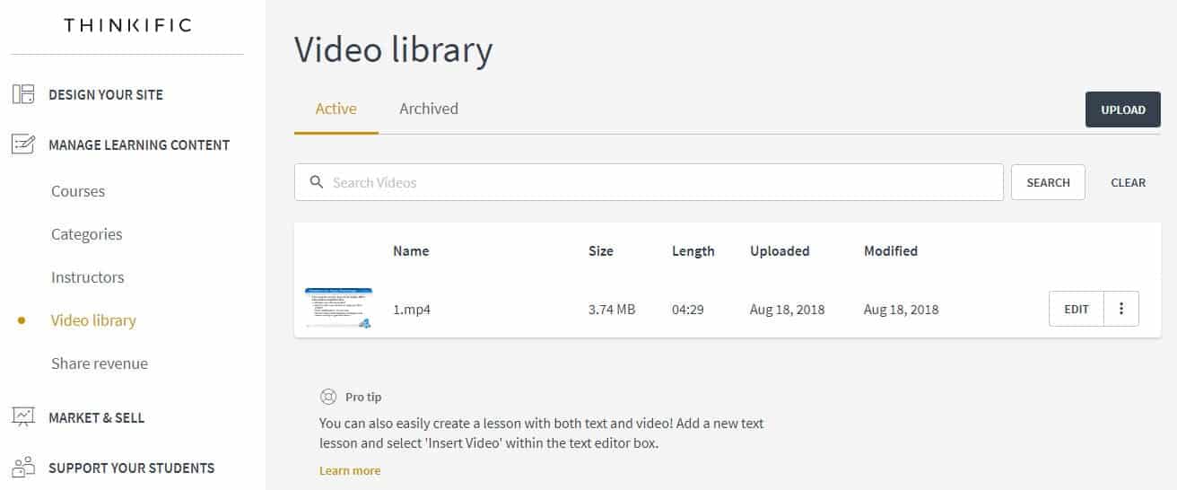 Thinkific video library screenshot
