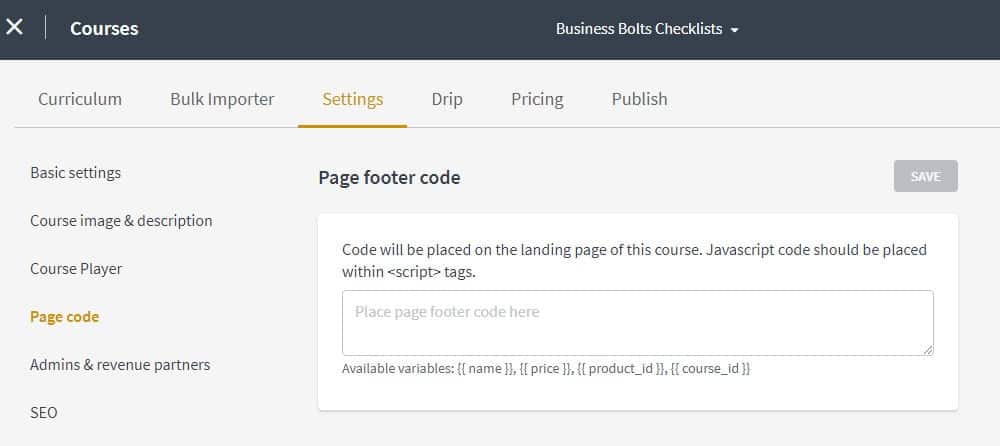 Thinkific course settings page footer code screenshot