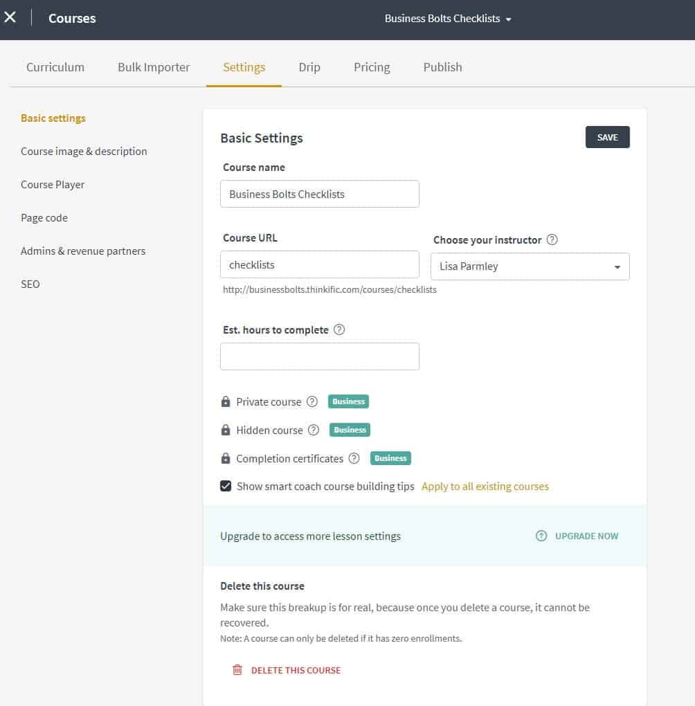 Thinkific course basic settings image