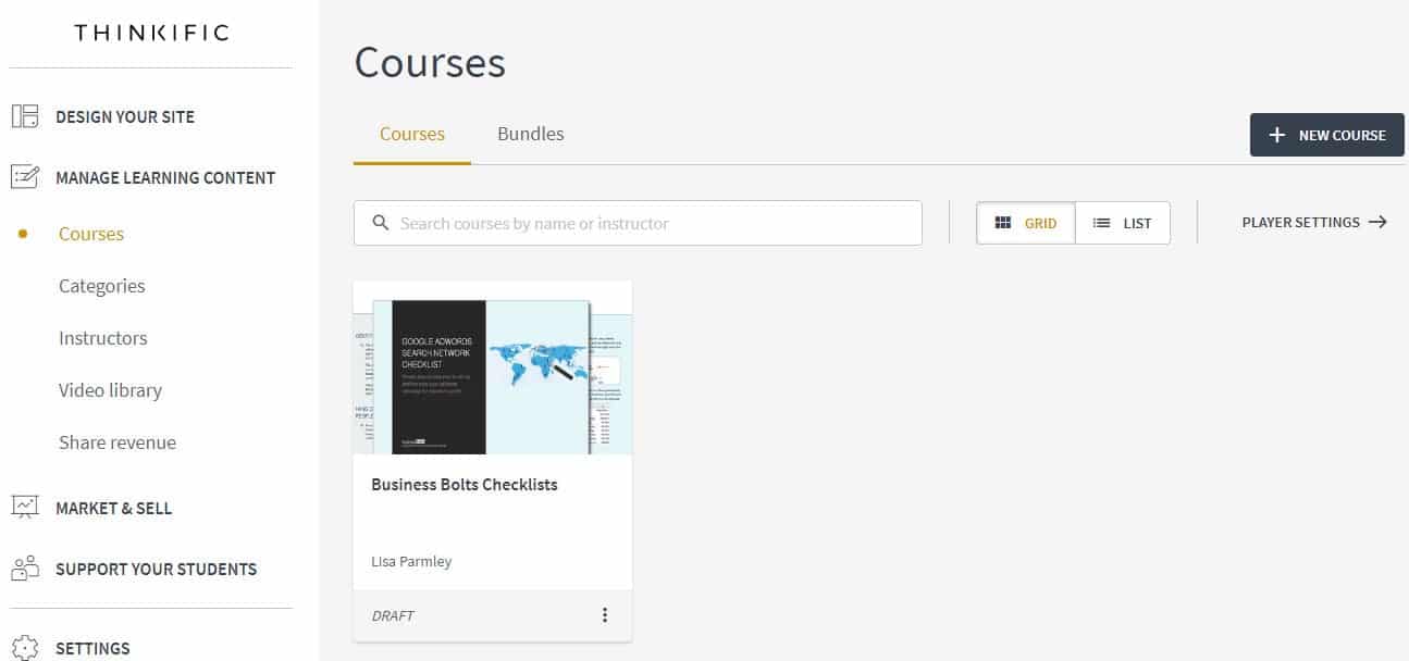 Thinkific courses menu page