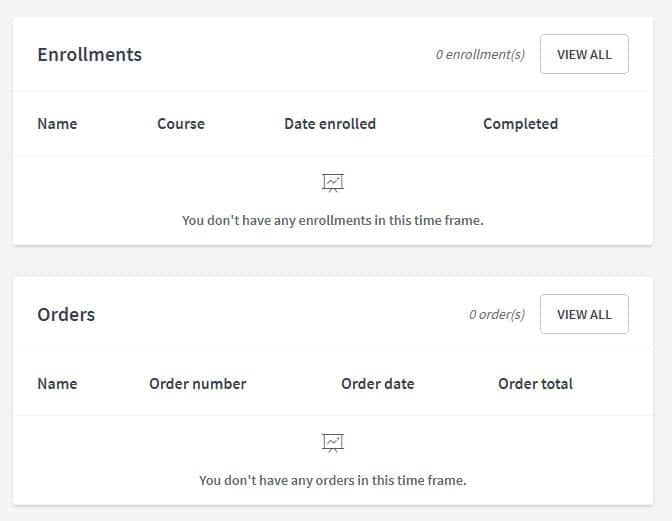 Thinkific dashboard enrollments and orders screenshot