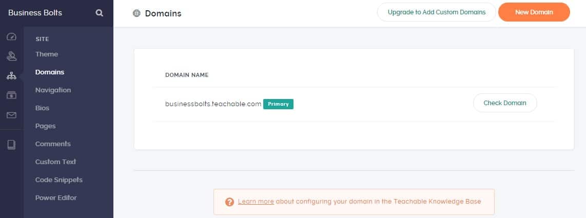 Teachable domain settings page