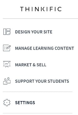 Thinkific settings link on menu