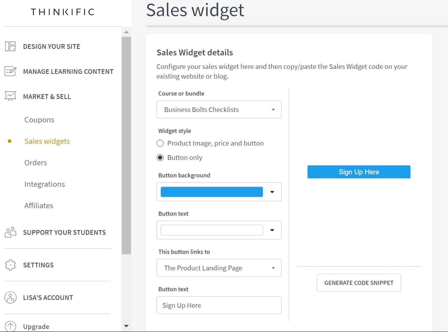 Thinkific sales widget screenshot