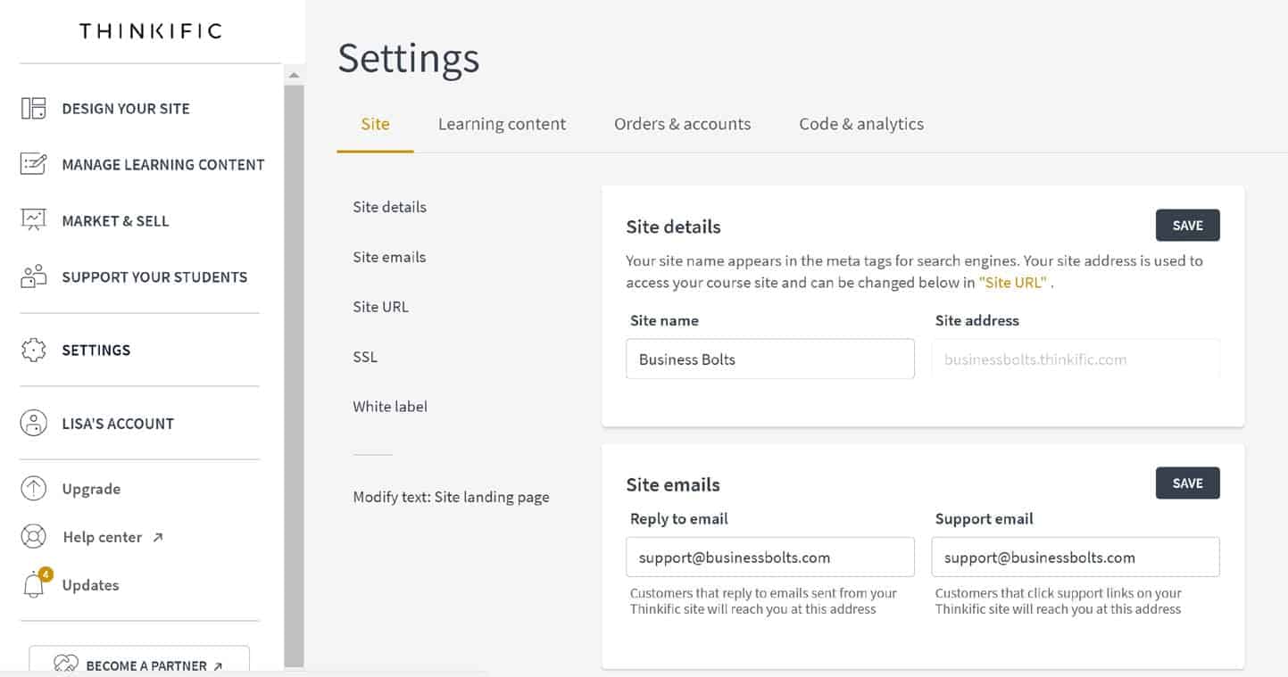 Thinkific settings site details and site emails screenshot