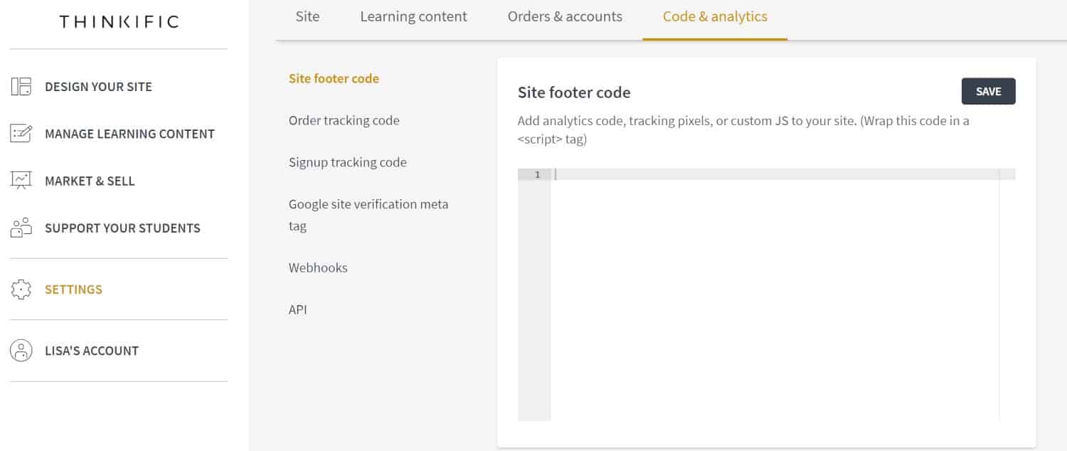 Thinkific site footer code screenshot