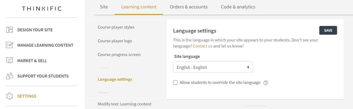 Thinkific language settings page