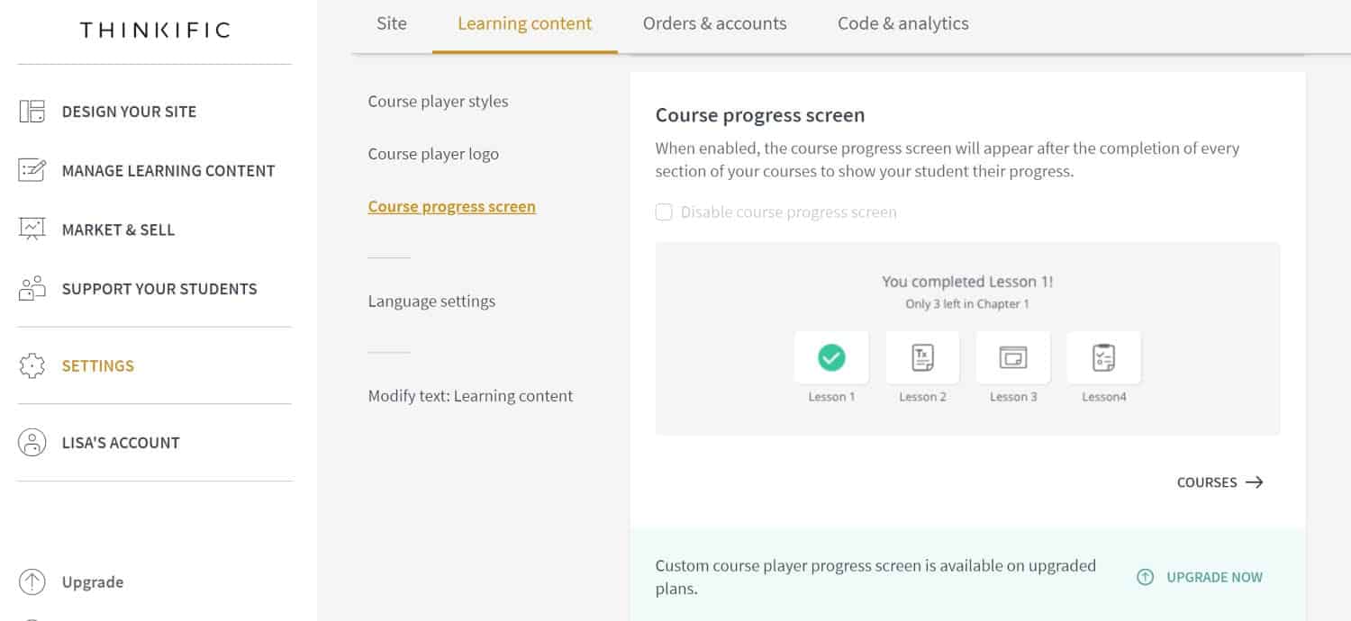 Thinkific course progress screen options