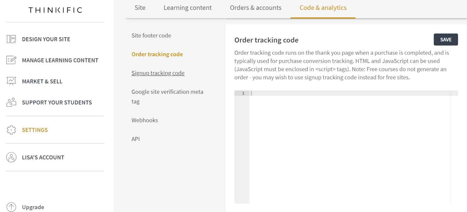 Thinkific order tracking code screenshot