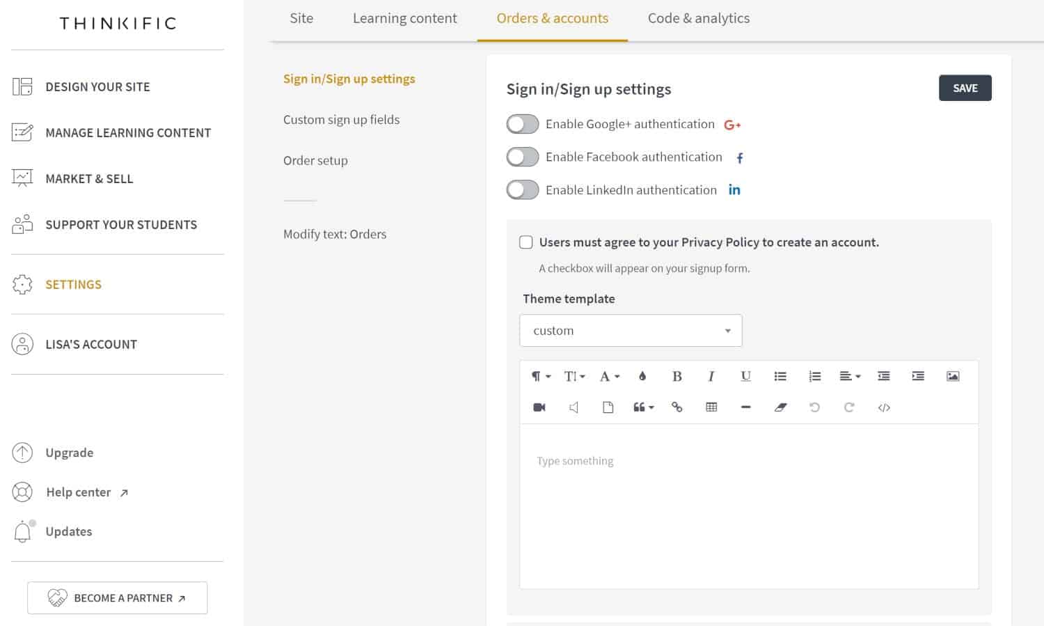 Thinkific signin/signup settings screenshot