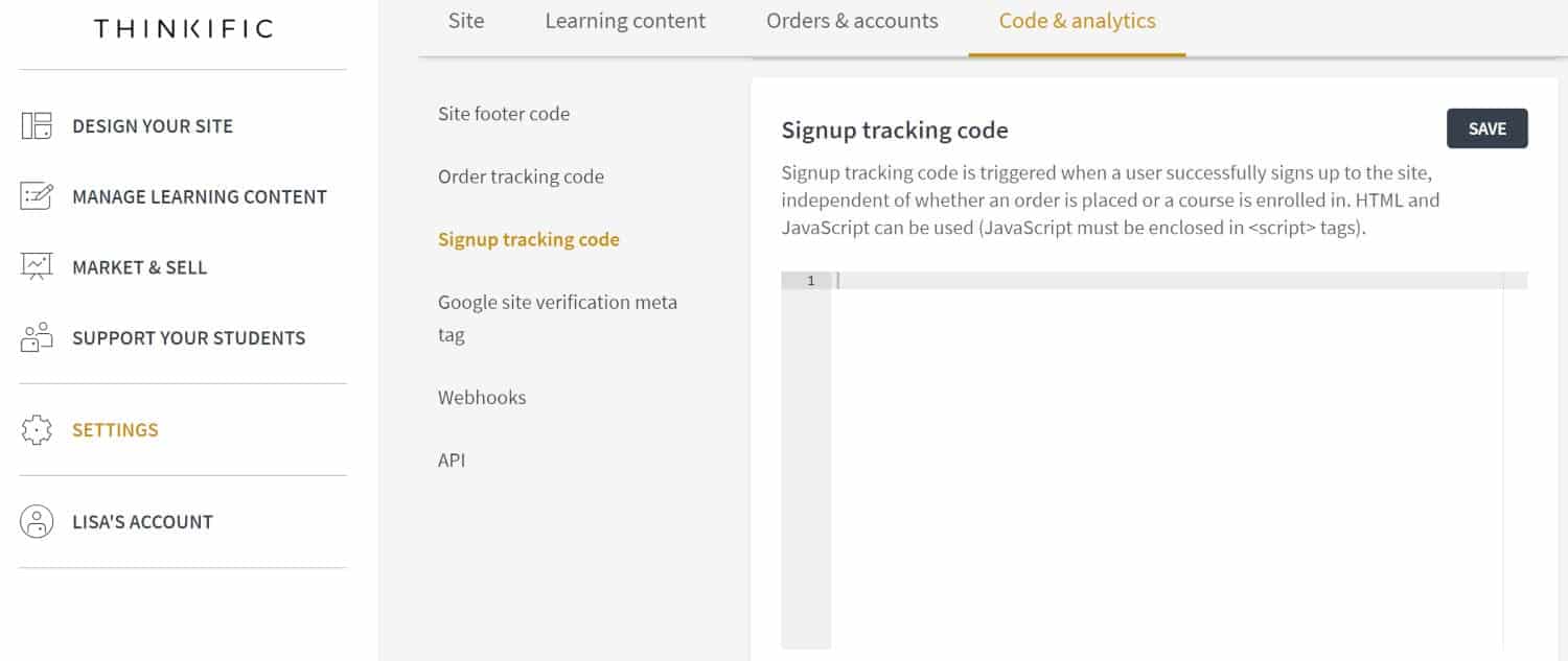 Thinkific signup tracking code screenshot