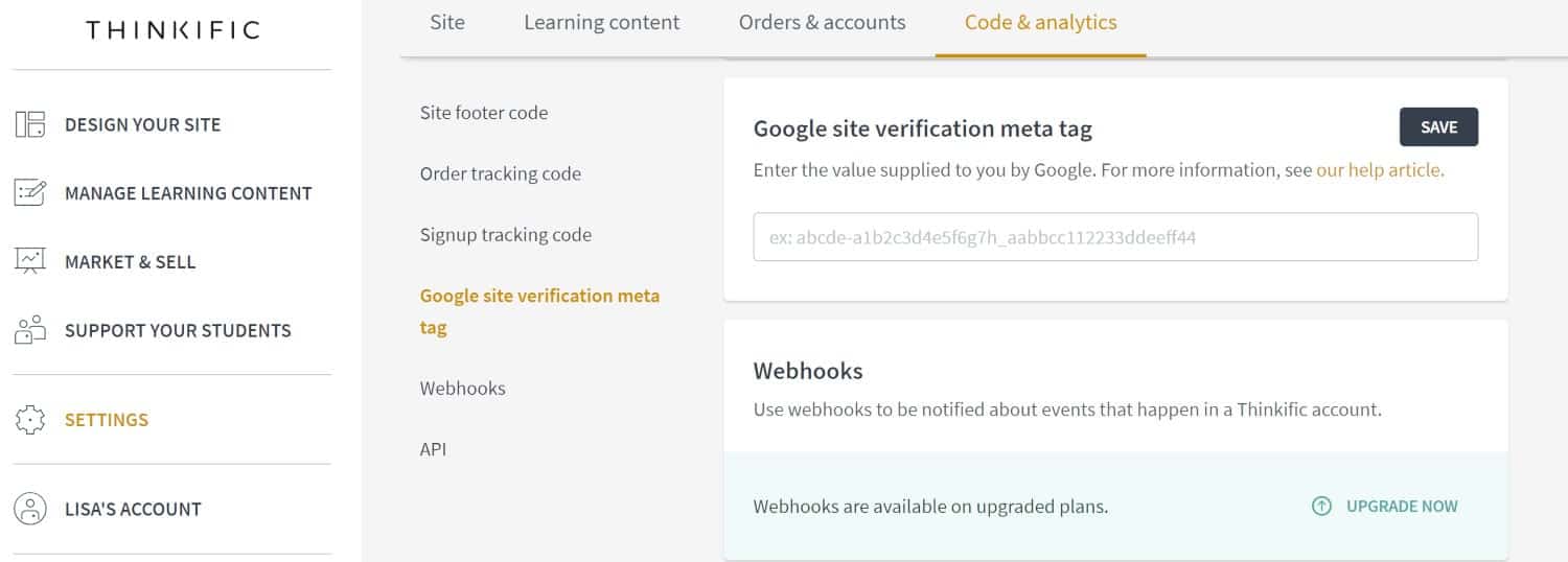 Thinkific google site verification meta tag screenshot