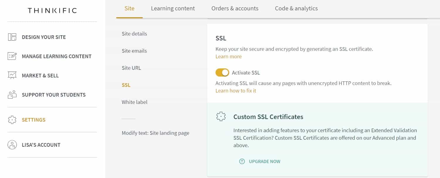 Thinkific ssl options screenshot