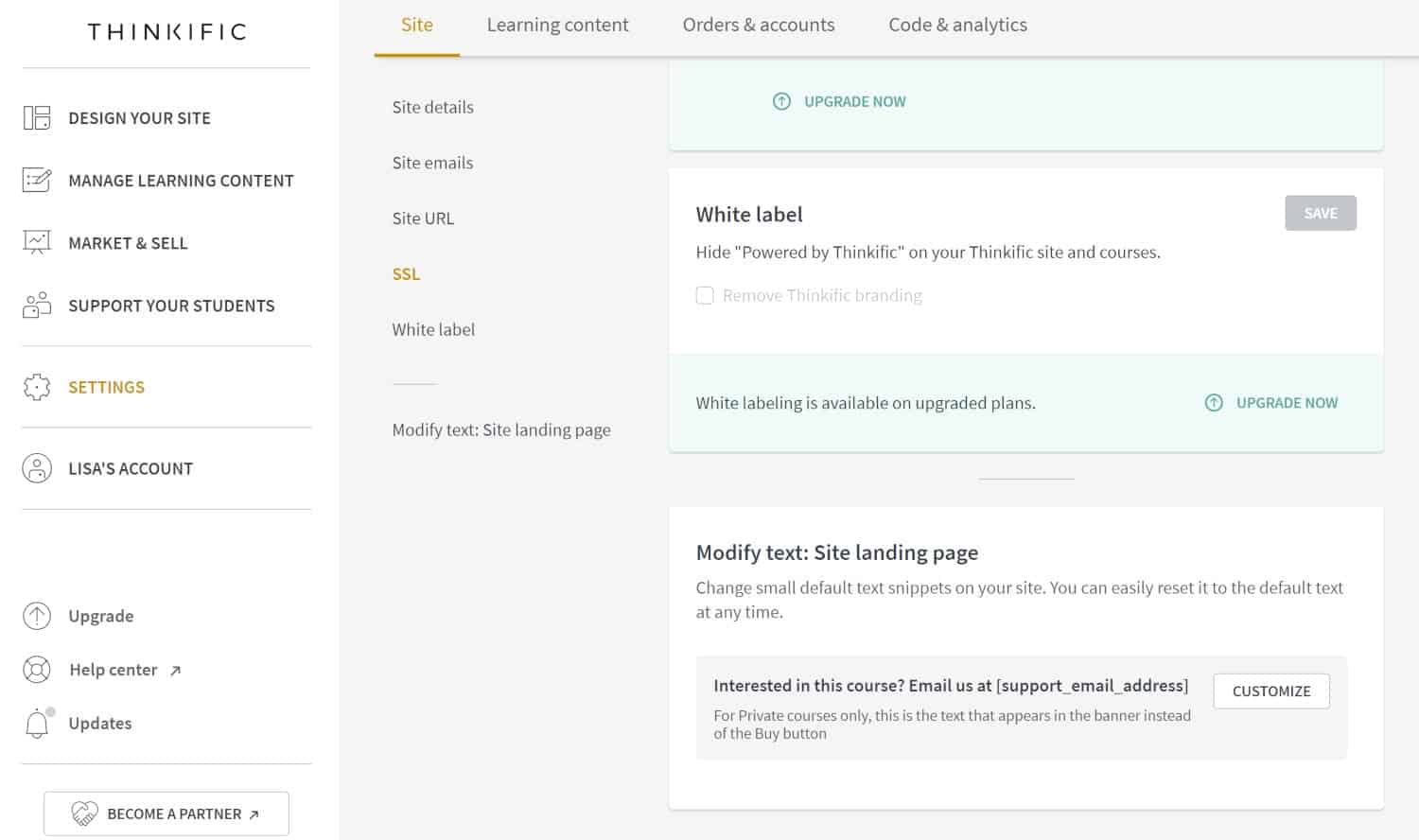Thinkific site white label options screenshot