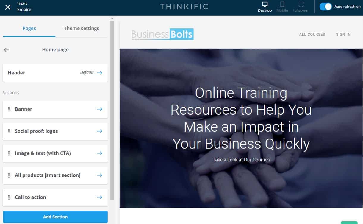 Thinkific home page builder admin