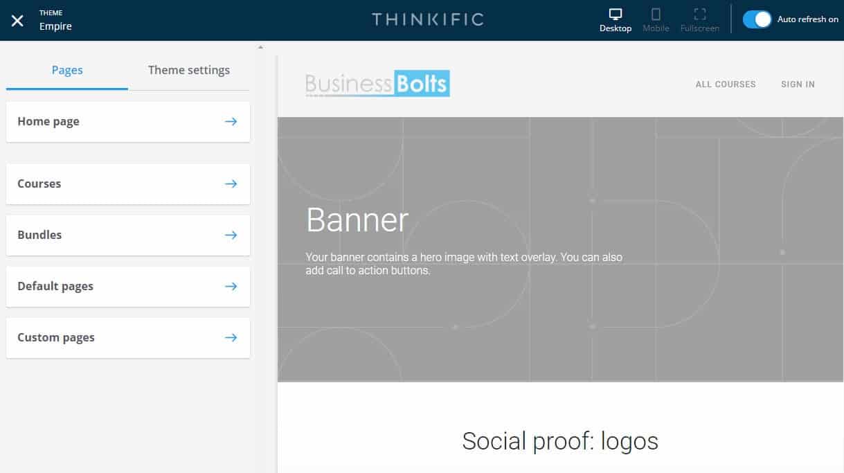 Thinkific site builder page screenshot