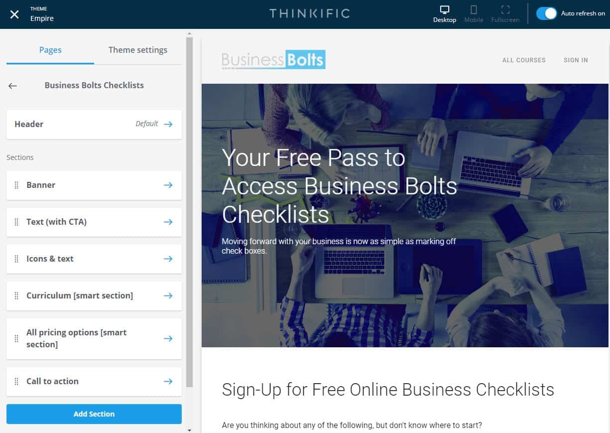 Thinkific course page admin