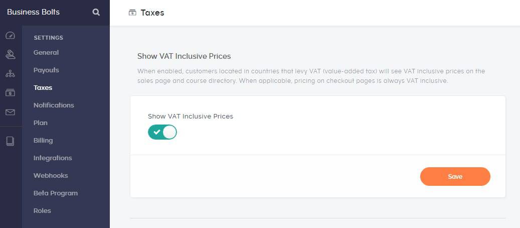 Teachable VAT taxes settings