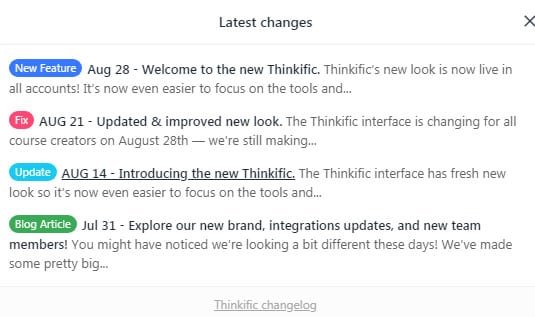 Thinkific updates screenshot