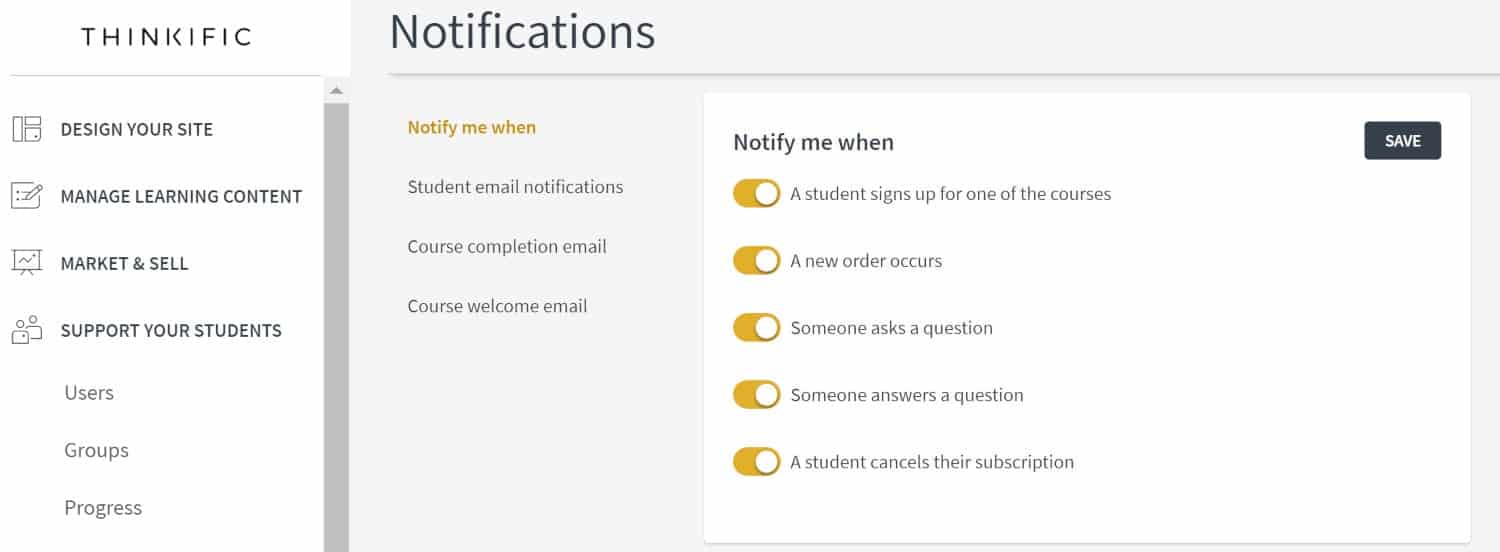 Thinkific notify me when notifications screenshot