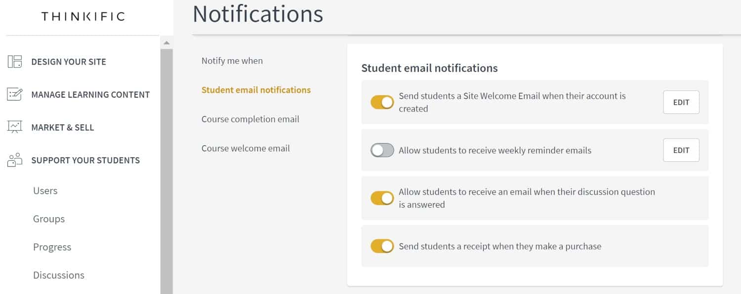 Thinkific student email notifications screenshot