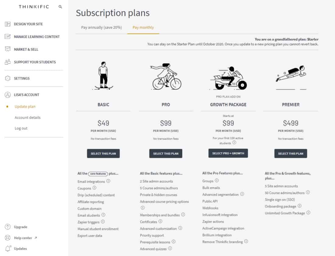 Screenshot of Thinkific subscription plans