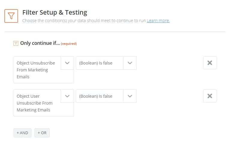 Zapier filter setup and testing