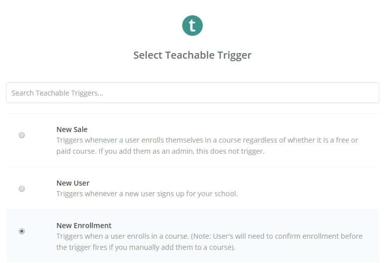 Zapier teachable trigger new enrollment