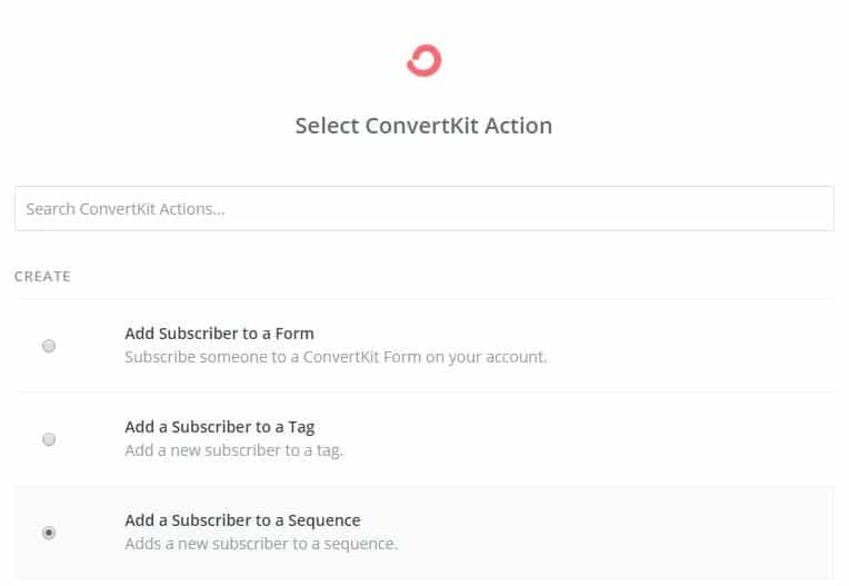 Zapier select convertkit action add subscriber to sequence