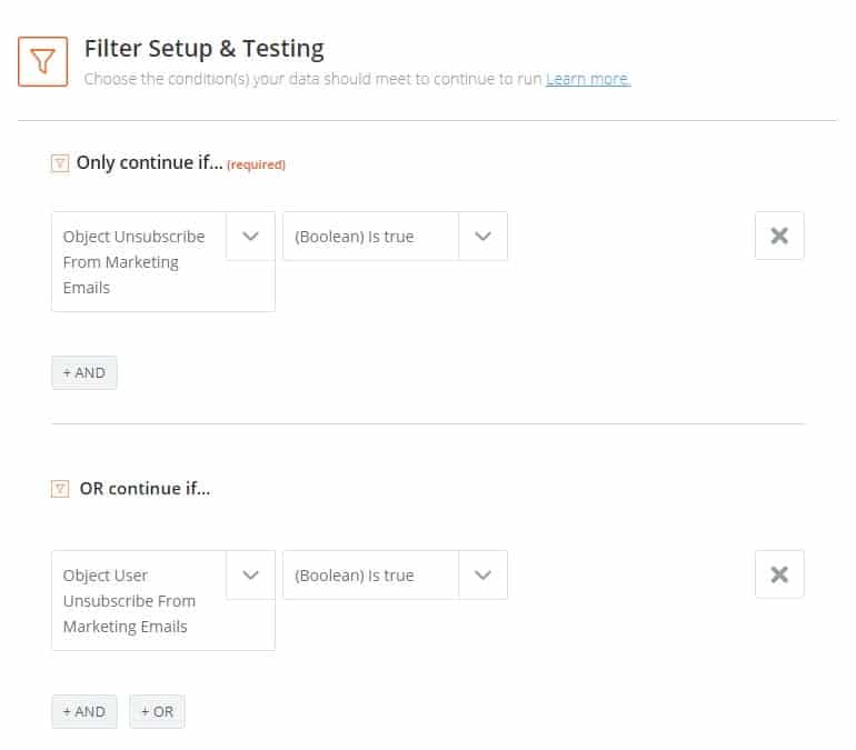 Zapier filter setup and testing to boolean is true