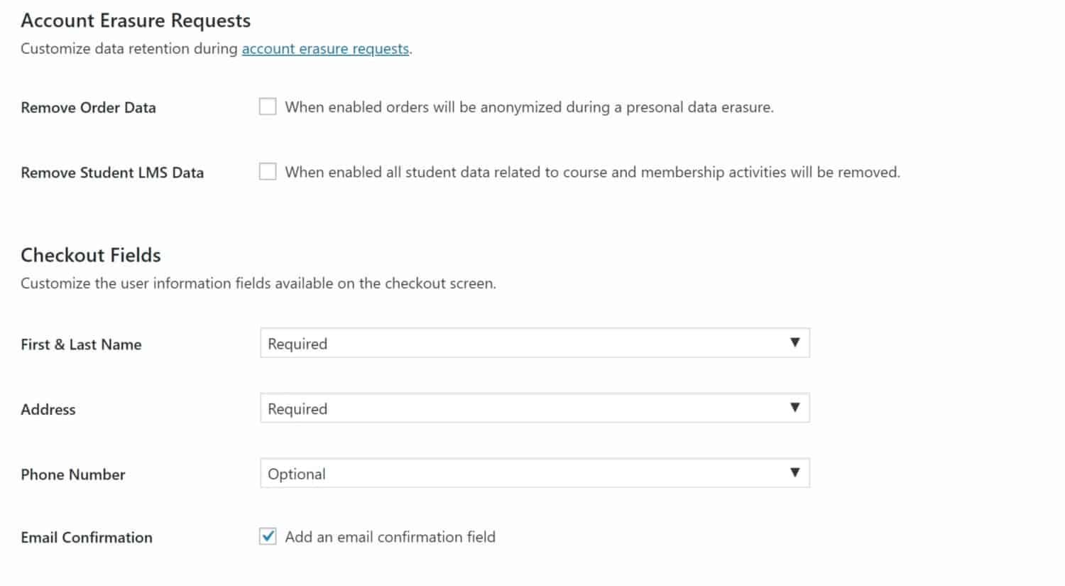 Screenshot of LifterLMS account erasure requests