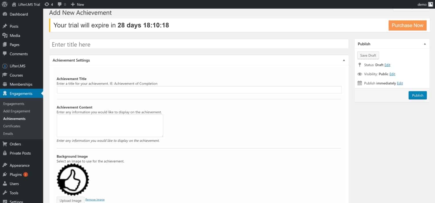 Screenshot of LifterLMS add new achievement