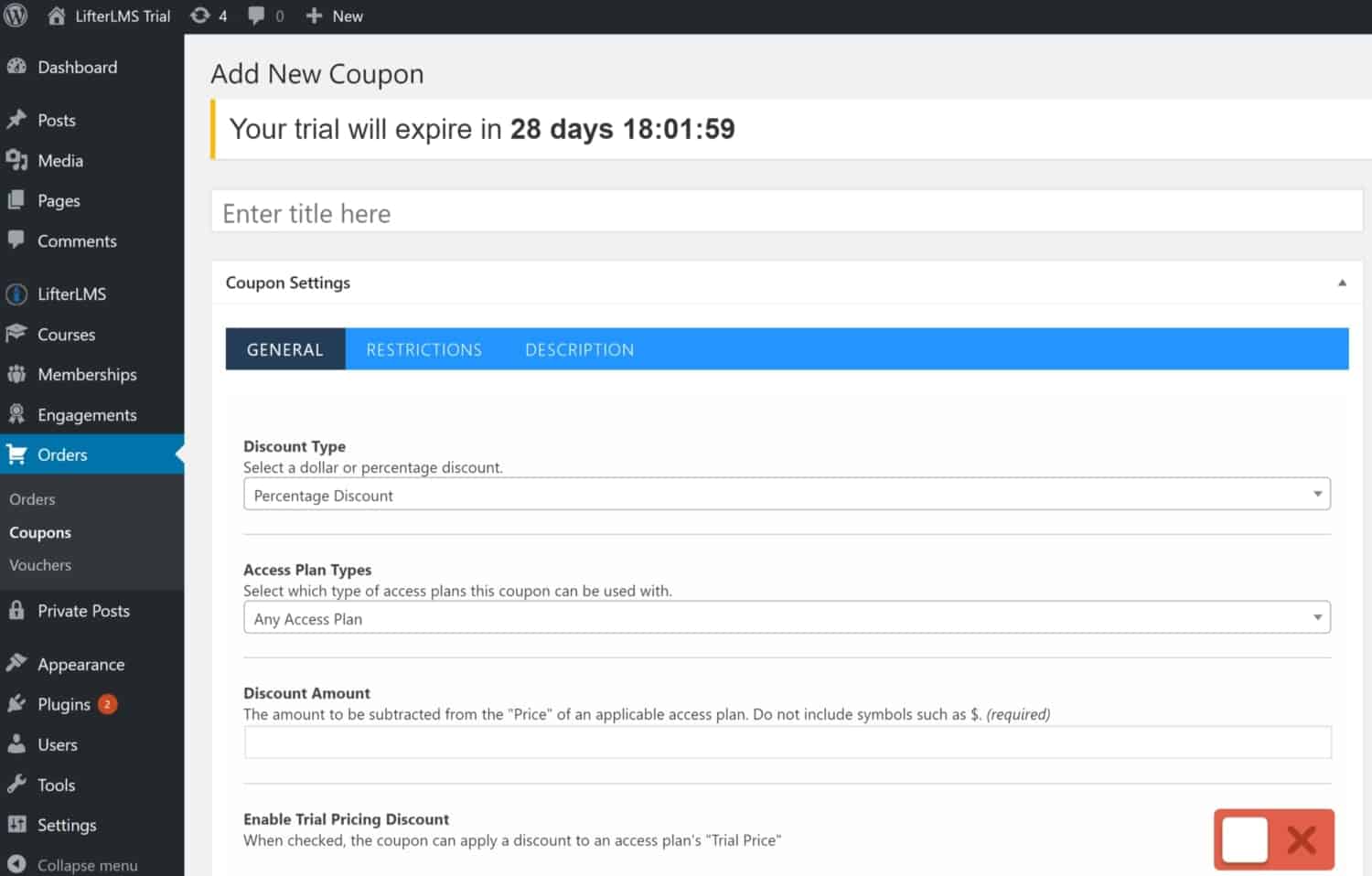 Screenshot of LifterLMS coupon settings