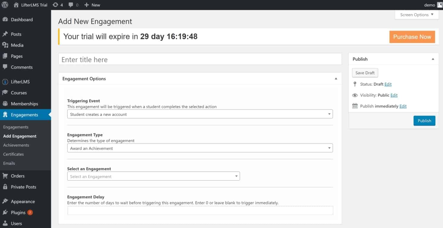 Screenshot of LifterLMS add new engagement