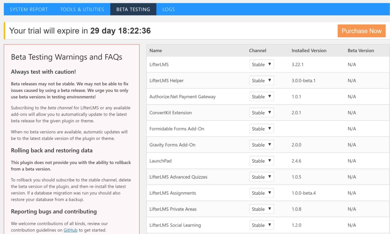 Screenshot of LifterLMS beta testing