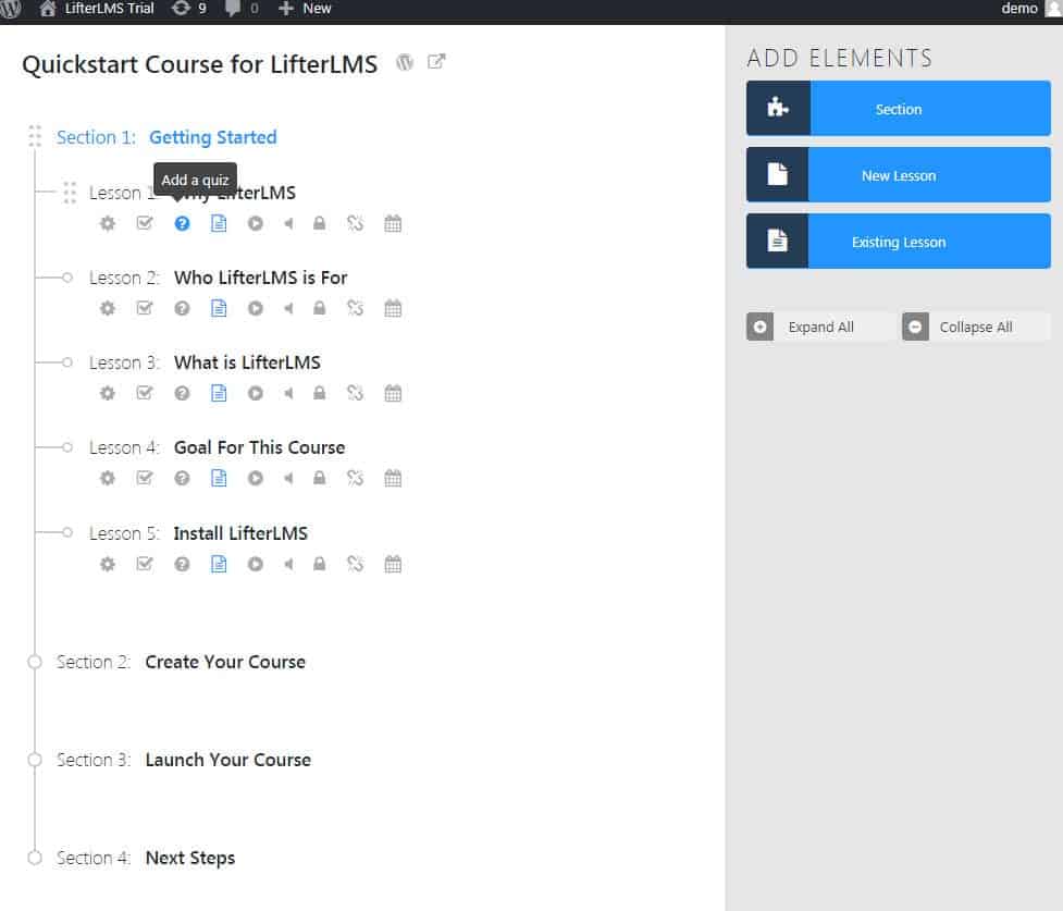 Screenshot of LifterLMS course builder