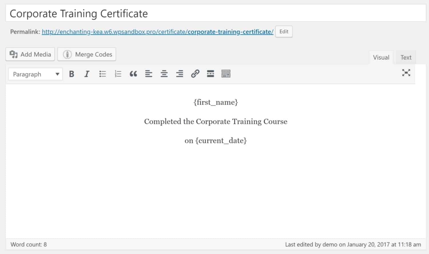 Screenshot of LifterLMS certification example admin