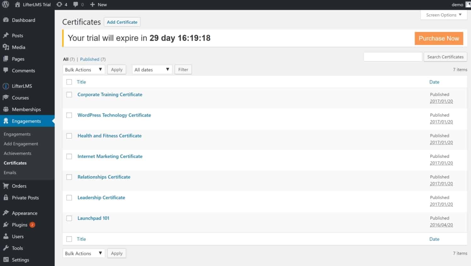 Screenshot of LifterLMS certificates