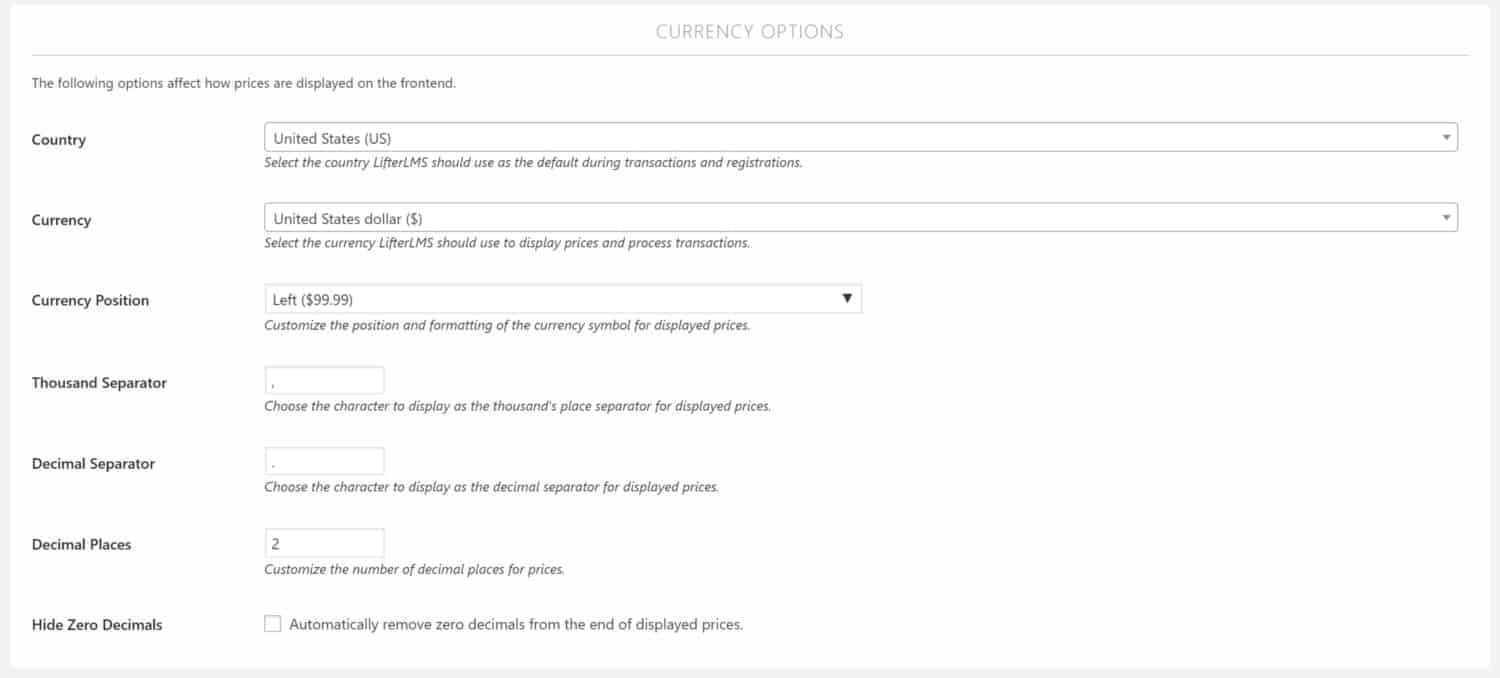 Screenshot of LifterLMS currency options