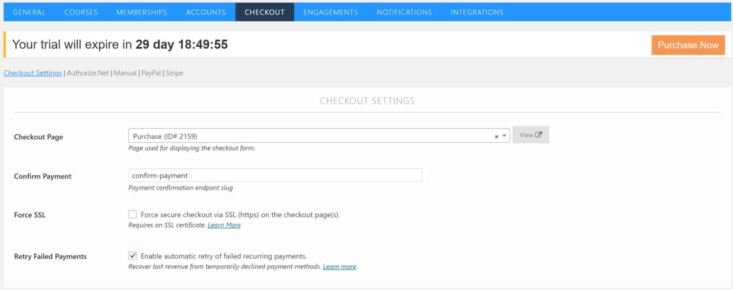 Screenshot of LifterLMS checkout settings