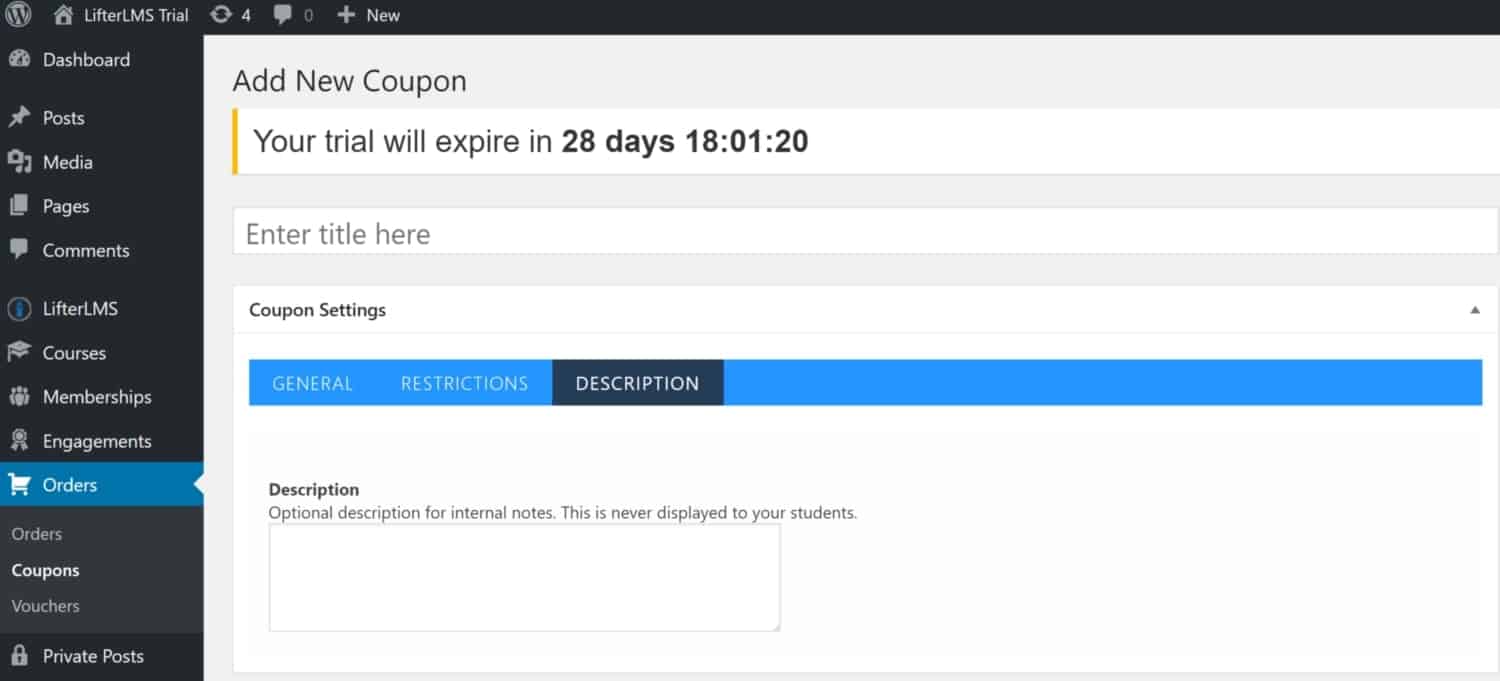 Screenshot of LifterLMS add new coupon