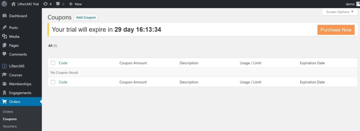 Screenshot of LifterLMS coupons page