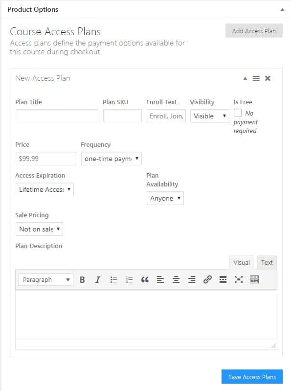 Screenshot of LifterLMS course access plans