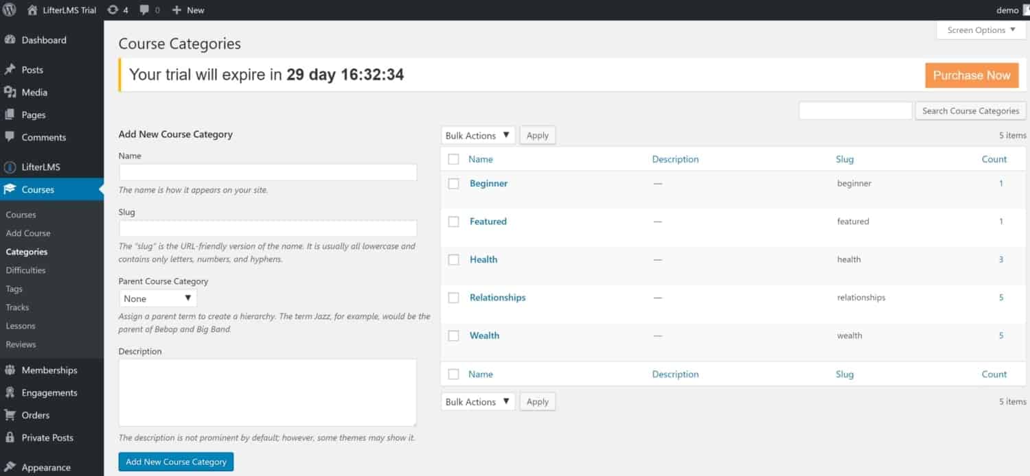 Screenshot of LifterLMS course categories