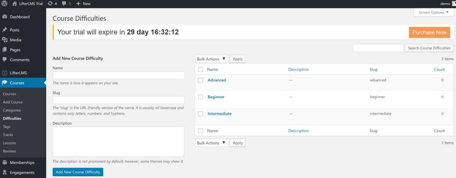 Screenshot of LifterLMS course difficulties