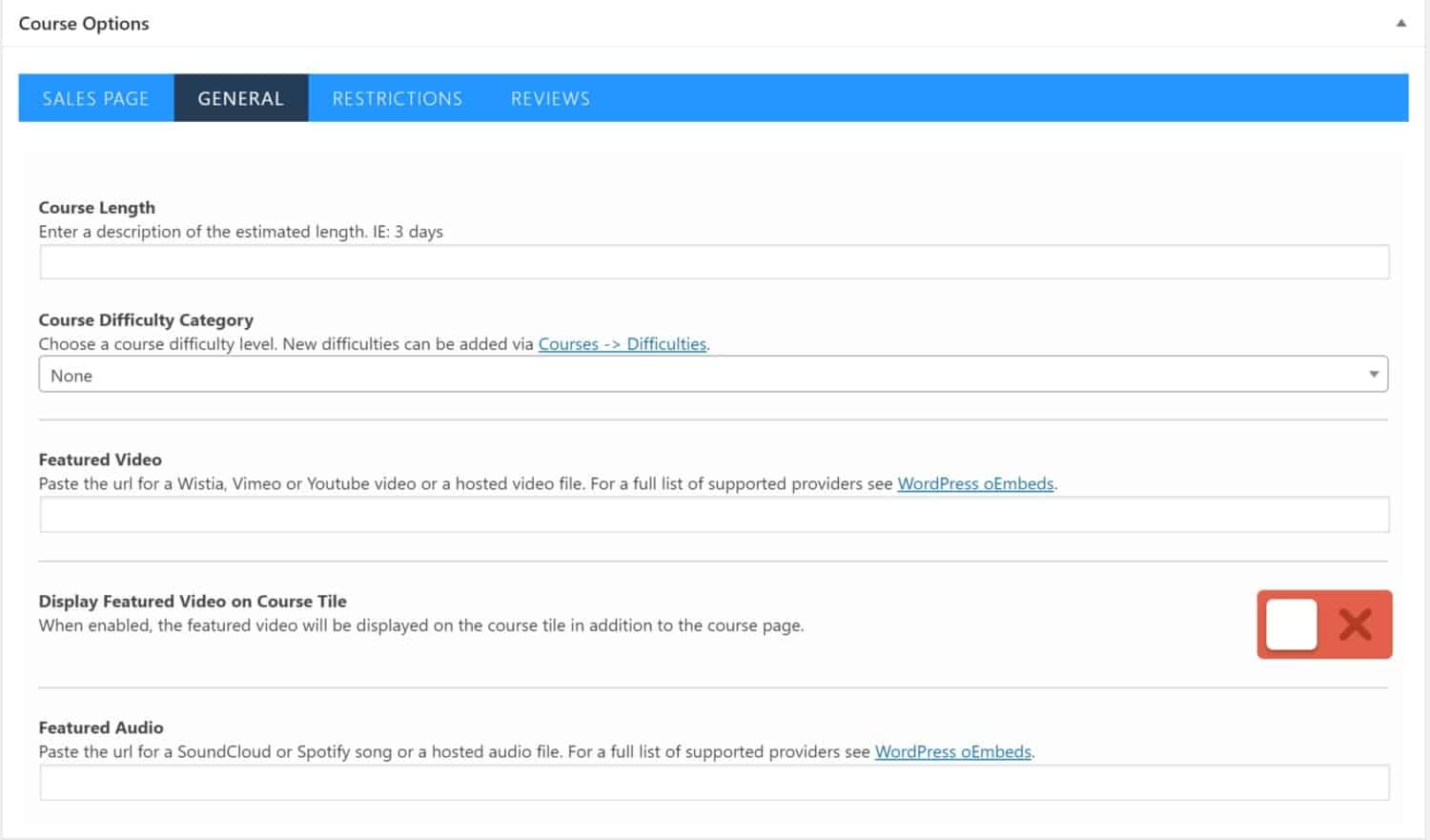 Screenshot of LifterLMS course options general